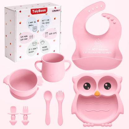 Silicone Baby Feeding Set, 8 Pcs Baby Led Weaning Supplies, Baby Feeding Essentials for 6+ Months, Toddler Weaning Set with Bib, Baby Plate and Bowl with suction(Pink-ToiyBosm Design)