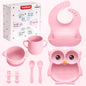 Silicone Baby Feeding Set, 8 Pcs Baby Led Weaning Supplies, Baby Feeding Essentials for 6+ Months, Toddler Weaning Set with Bib, Baby Plate and Bowl with suction(Pink-ToiyBosm Design)
