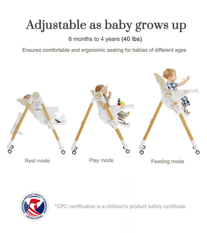 Convertible High Chairs for Babies and Toddlers, Height Adjustable Baby High Chair, High Chair with Removable Tray, Adjustable Backrest and Pedal, Portable Baby Dinning Chair with Lockable Wheels