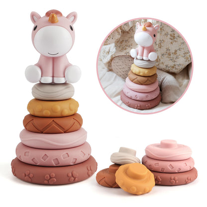Nueplay 13 Pcs Building Circle & Blocks, Stacking & Nesting Baby Toys with Horse Figure, Newborn Essentials Squeeze Teething Toy Gifts for 6 12 18 Months Baby Toddler Girls