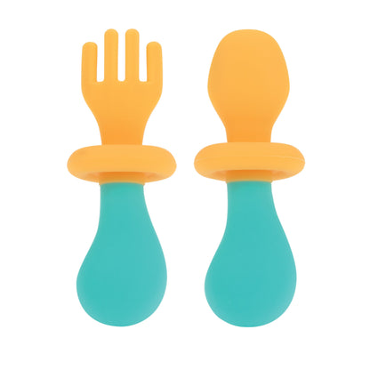 Nuby First Fork and Spoon Set - Utensils with Safety Guards for Babies 6+ Months - Green and Blue