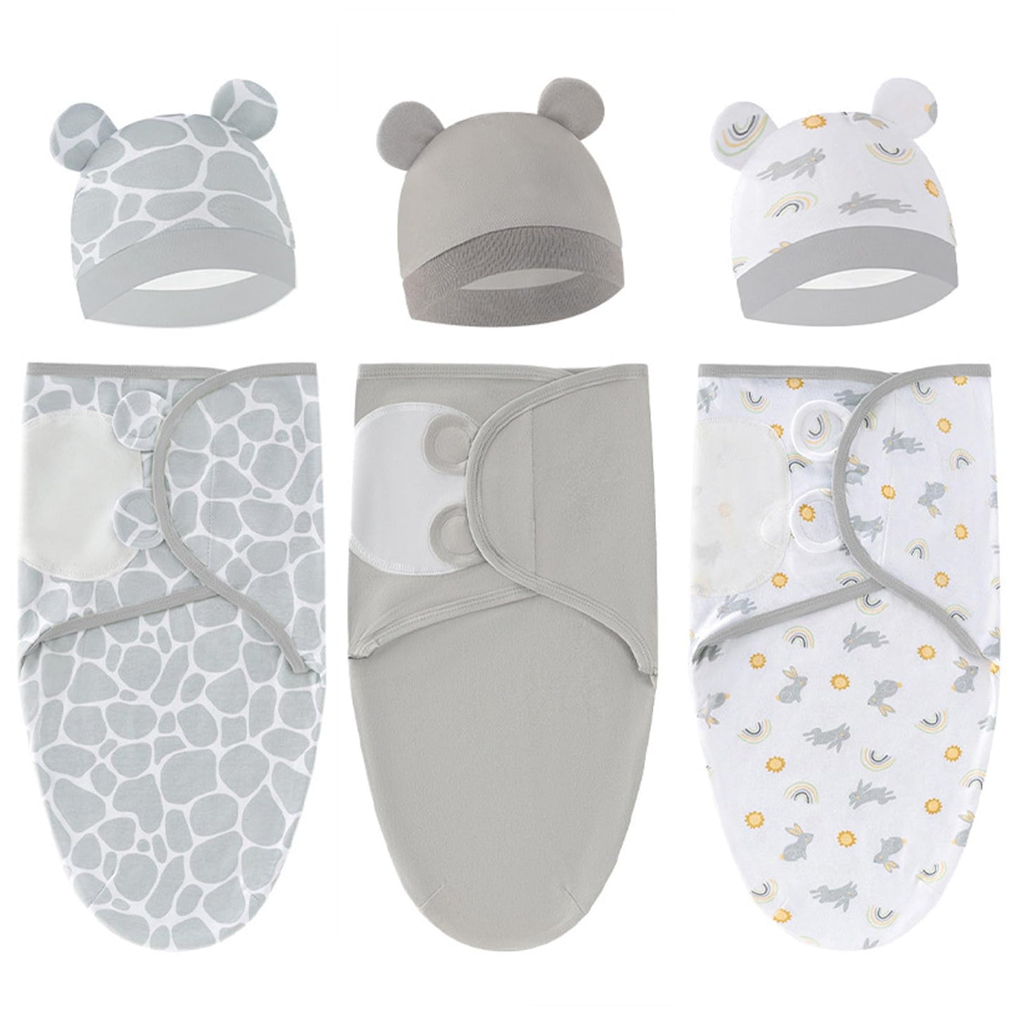 Baby Swaddle Sleep Sack with Hat Set for 0-3 months 3-Pack Soft Cotton Newborn Wearable Swaddle Wrap for Girls Boys