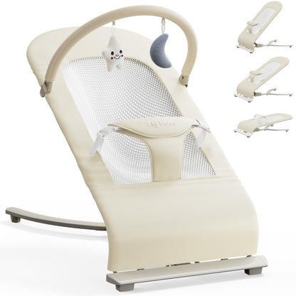 3-in-1 Portable Baby Bouncer & Rocker Chair for Newborn to Toddler - 4 Adjustable Recline Positions, Breathable Cotton Fabric, Natural Vibration, Supports Up to 33 lbs (Oatmeal Khaki)