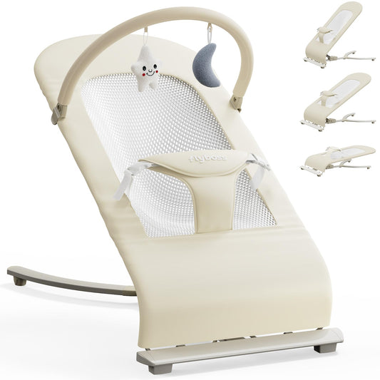 3-in-1 Portable Baby Bouncer & Rocker Chair for Newborn to Toddler - 4 Adjustable Recline Positions, Breathable Cotton Fabric, Natural Vibration, Supports Up to 33 lbs (Oatmeal Khaki)
