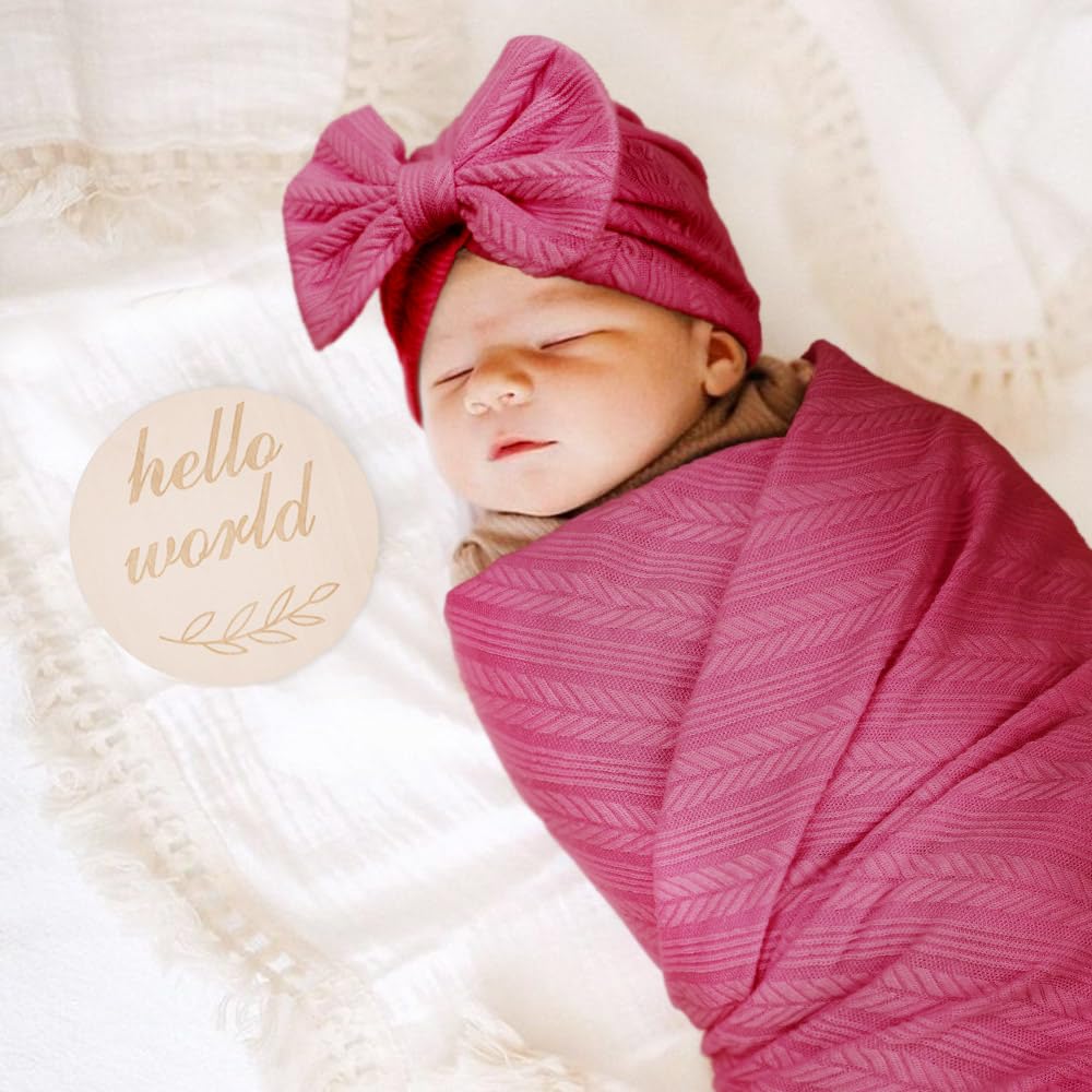 DRESHOW BQUBO Baby Swaddle Blankets for Girls, 4PCS Newborn Accessories Set with Matching Hat and Bow Headband with Card