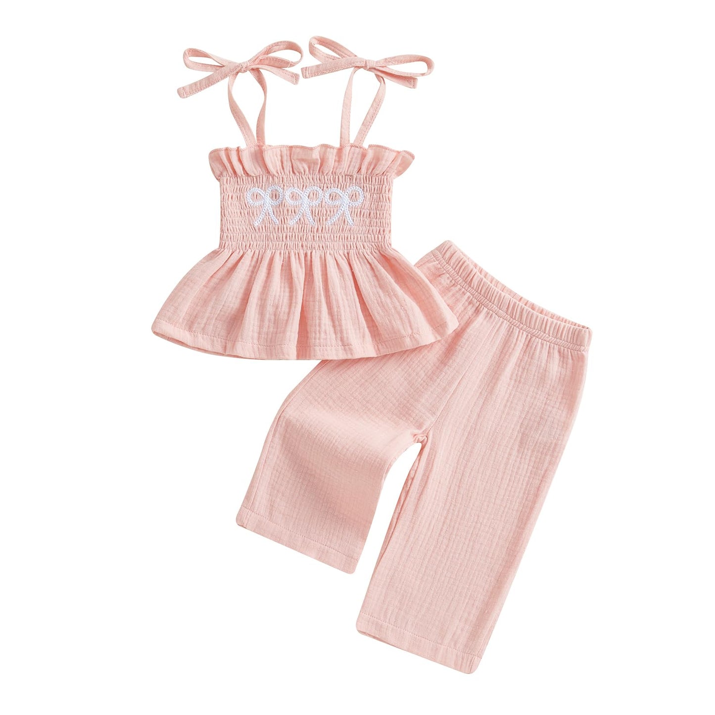 Toddler Baby Girl Clothes Tie-Up Strap Ruffle Camisole Tops Linen Pants Set Little Girls Summer Outfits