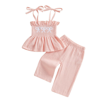 Toddler Baby Girl Clothes Tie-Up Strap Ruffle Camisole Tops Linen Pants Set Little Girls Summer Outfits