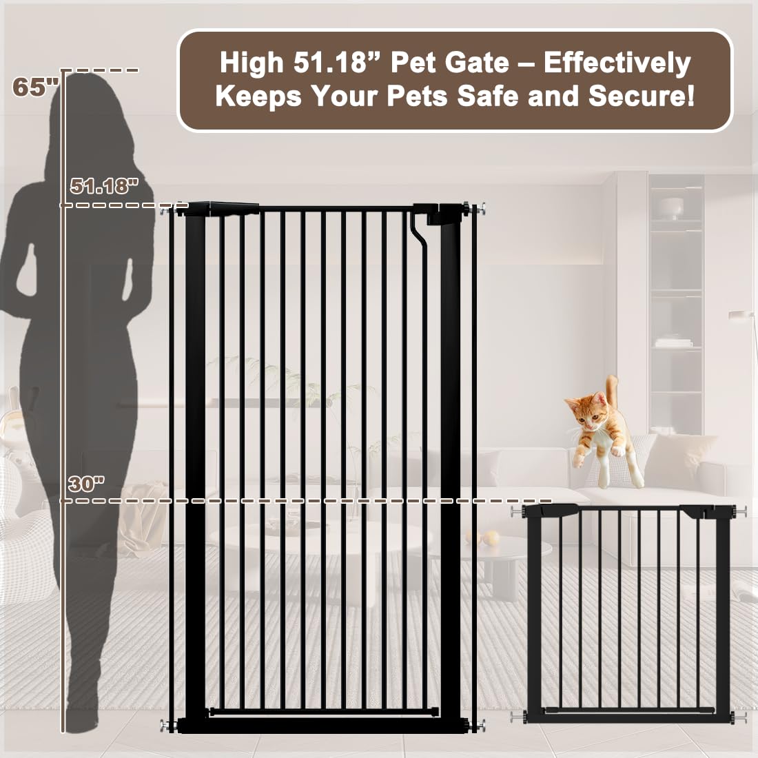 Fairy Baby 51.18" Extra Tall Cat Gate for Doorway, 29.5"-40.5" Extra Wide Pet Gate Dog Barrier Indoor for Cats Dogs, Kid Puppy Dog Gate No Jumping Over & No Climb, Metal Child Safety Proof Gate, Black