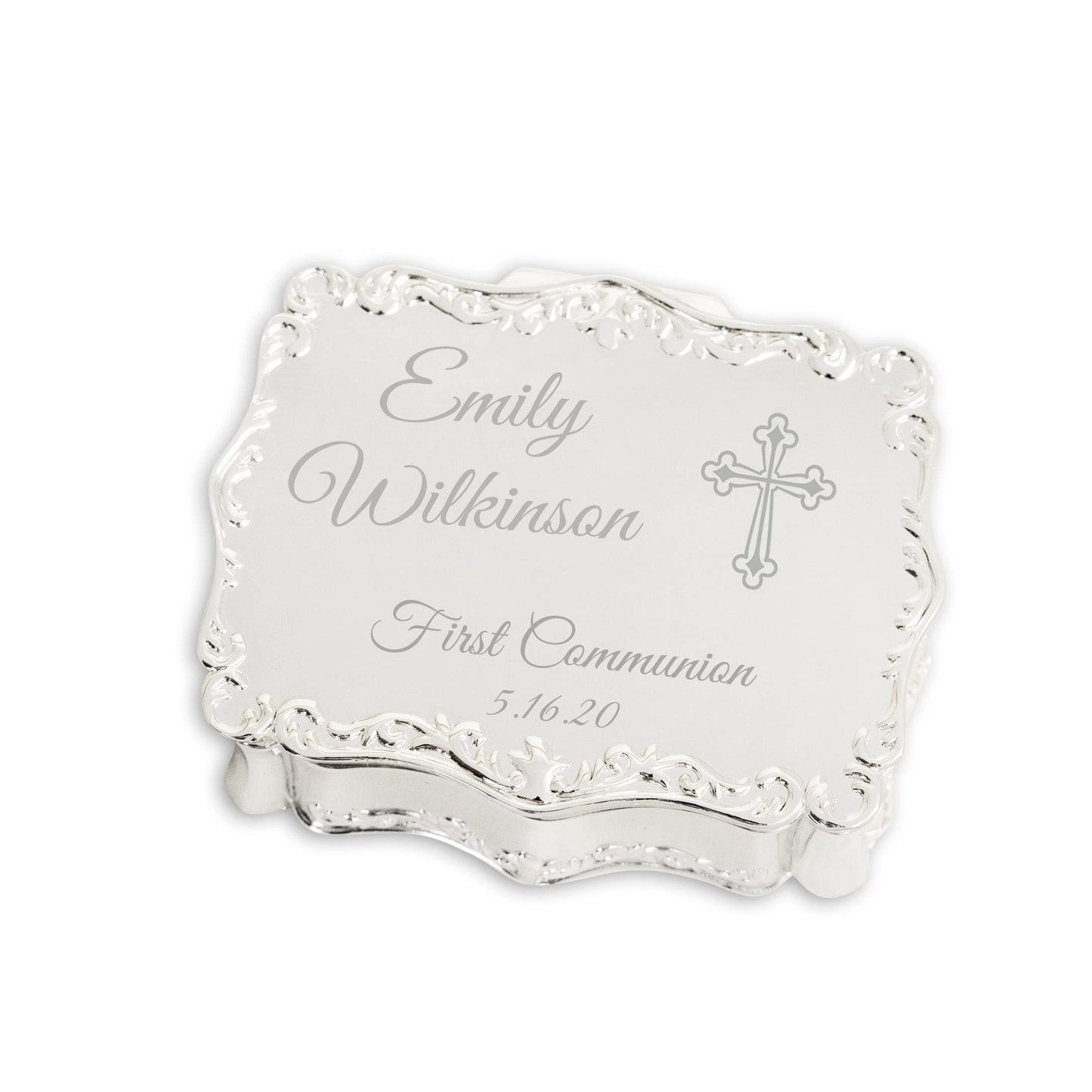 Cherished Moments Personalized Small Rectangle-Shaped Jewelry Keepsake Box with Custom Engraved Name or Initials, Silver Toned