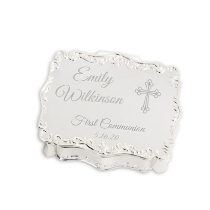 Cherished Moments Personalized Small Rectangle-Shaped Jewelry Keepsake Box with Custom Engraved Name or Initials, Silver Toned