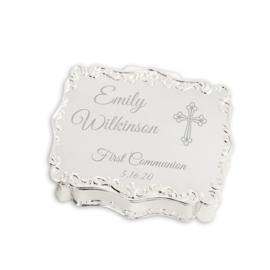 Cherished Moments Personalized Small Rectangle-Shaped Jewelry Keepsake Box with Custom Engraved Name or Initials, Silver Toned