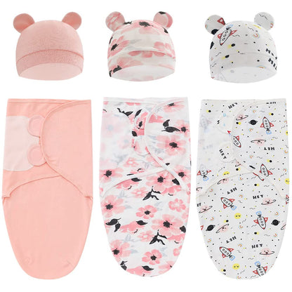 Baby Swaddle Sleep Sack with Hat Set for 0-3 months 3-Pack Soft Cotton Newborn Wearable Swaddle Wrap for Girls Boys