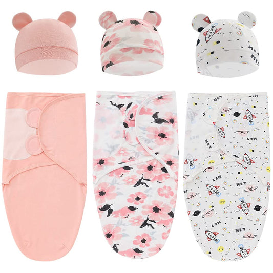 Baby Swaddle Sleep Sack with Hat Set for 0-3 months 3-Pack Soft Cotton Newborn Wearable Swaddle Wrap for Girls Boys