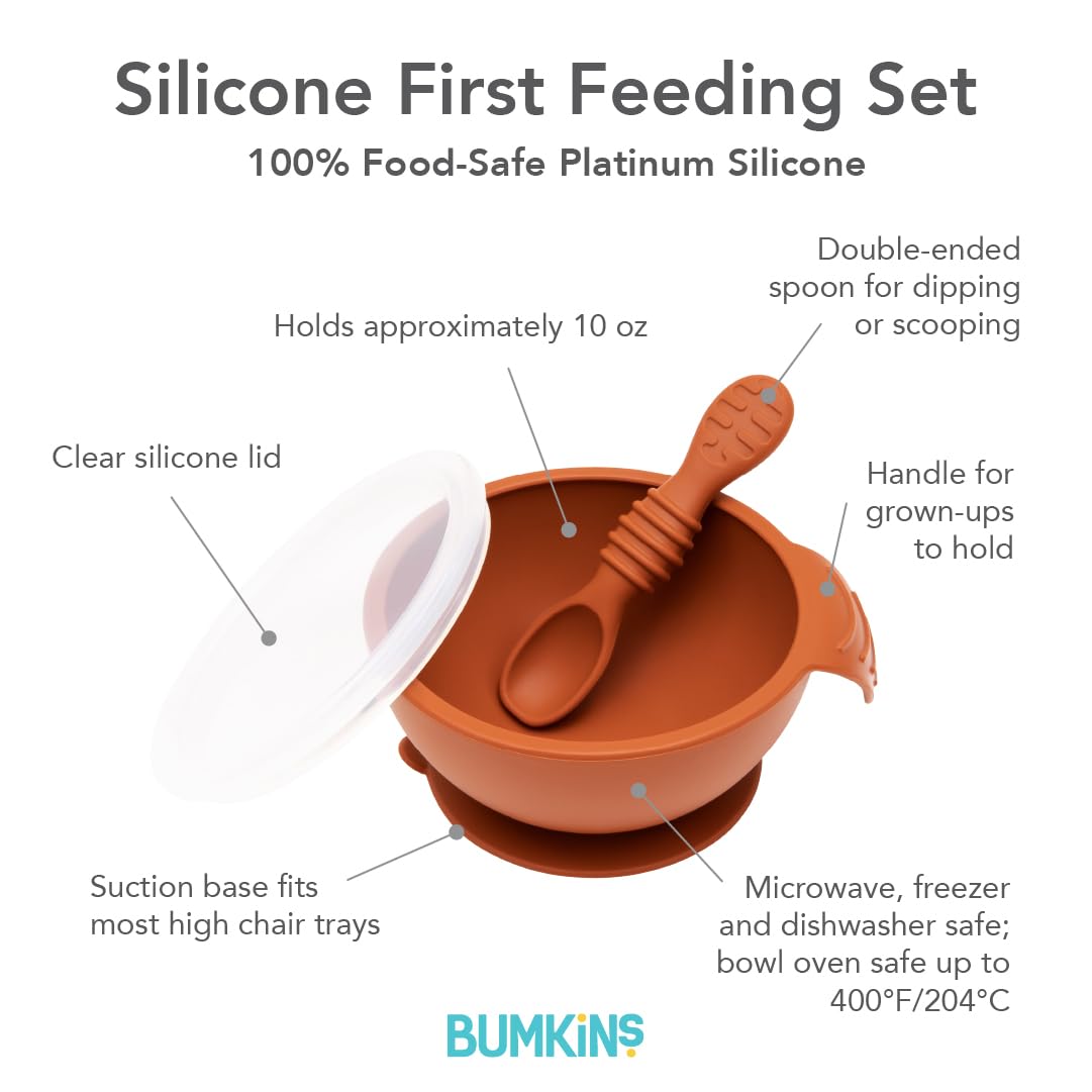 Bumkins Baby Bowls, Disney Minnie Mouse Silicone Baby Feeding Set, Suction Bowls for Baby and Toddler with Spoon, First Feeding Set, Platinum Silicone Bowl for Babies 4 Months