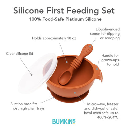 Bumkins Baby Bowls, Disney Minnie Mouse Silicone Baby Feeding Set, Suction Bowls for Baby and Toddler with Spoon, First Feeding Set, Platinum Silicone Bowl for Babies 4 Months