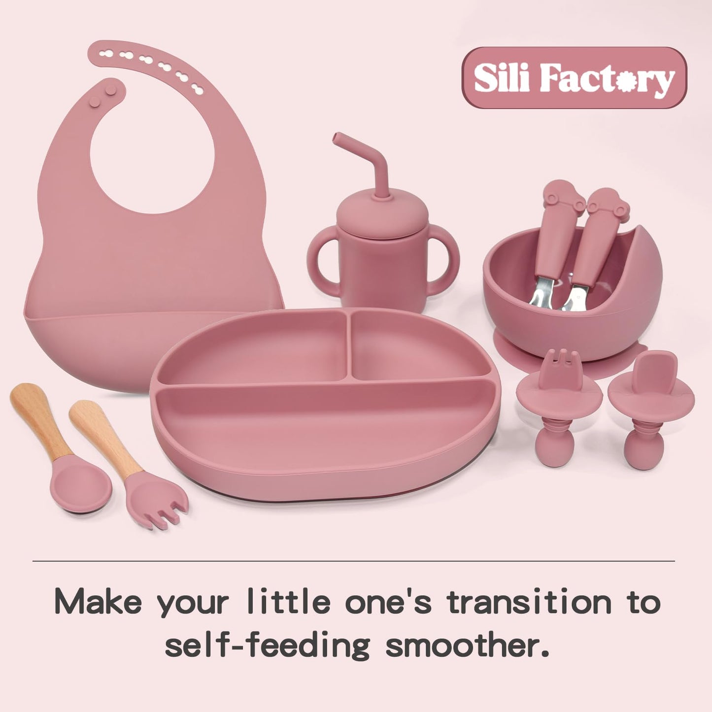 Silicone Baby Feeding Set, 10PCS Baby Led Weaning Supplies with Suction Bowl and Divided Plate, Bib Baby Cup Spoons Forks -Baby Feeding Essentials for 6+ Months