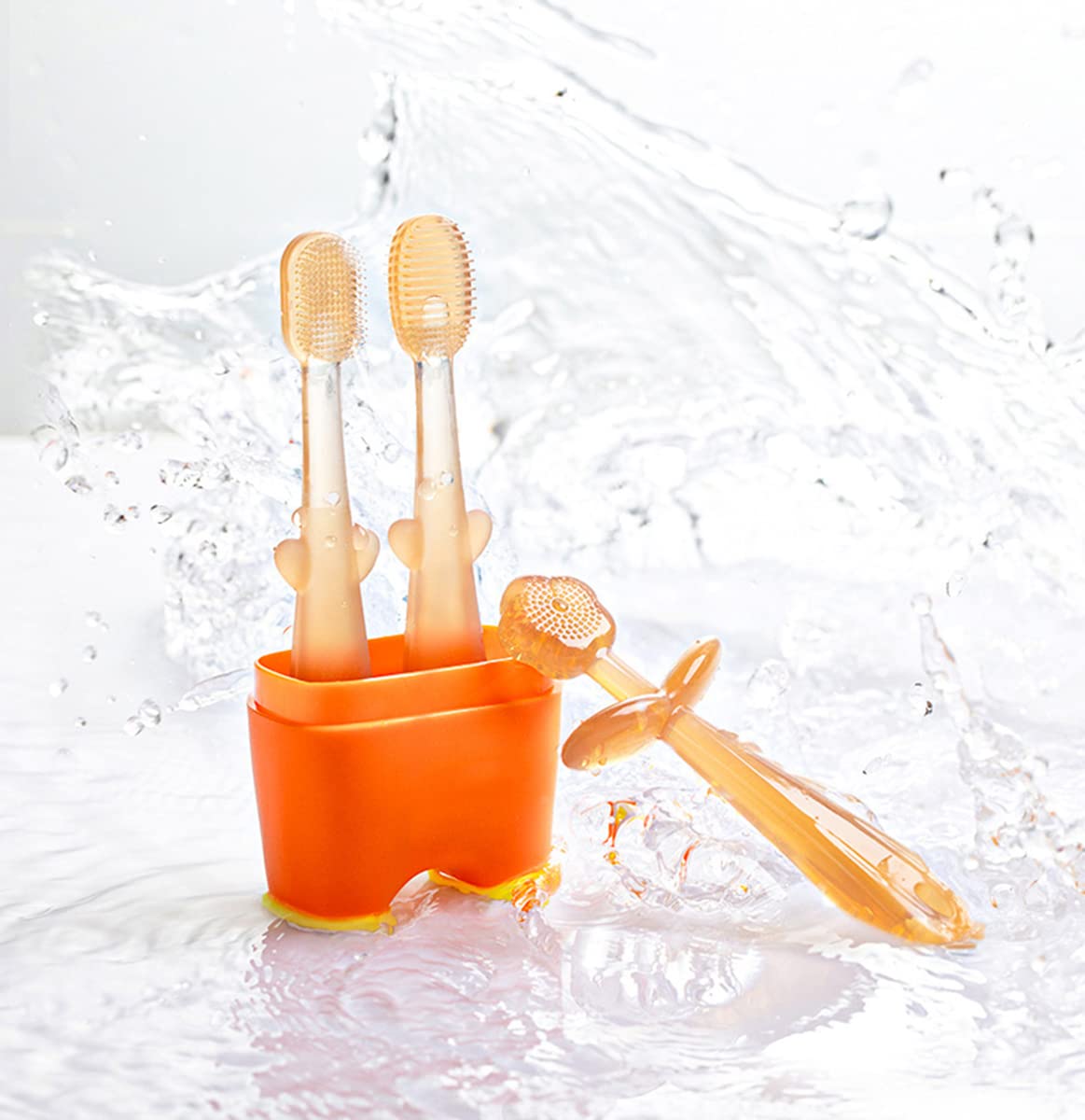 FOKiiBO Baby Silicone Toothbrush Set, Toothbrush + Tongue Brush + Toothbrush + Finger Toothbrush with Cup for Training Teething, 0-18M Infant Toddler Newborn Baby Teeth Brushes (Yellow)