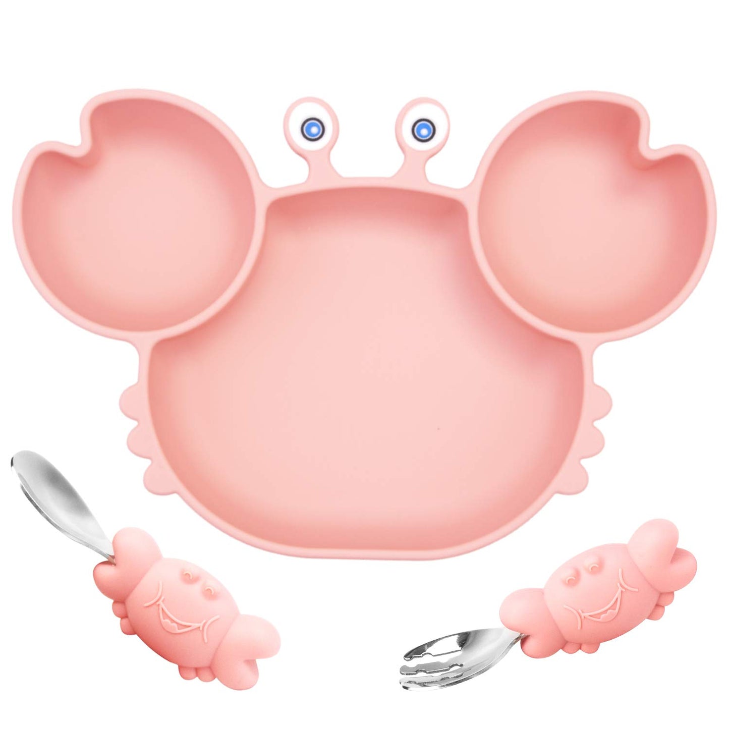 Silicone Suction Plate for Toddlers with Fork Spoon Set - Self Feeding Training Divided Plate Dish and Bowl for Baby and Toddler, Fits for Most Highchairs Trays (Cyan)