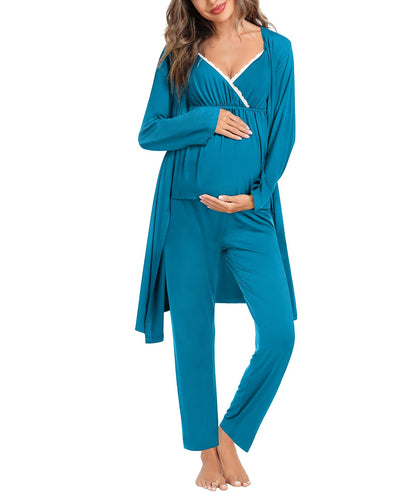 SWOMOG Maternity Nursing Robe Set 3 Piece Breastfeeding Pajamas 3 in 1 Labor Delivery Sleevless Tops&Long Pants Pregnancy Pjs