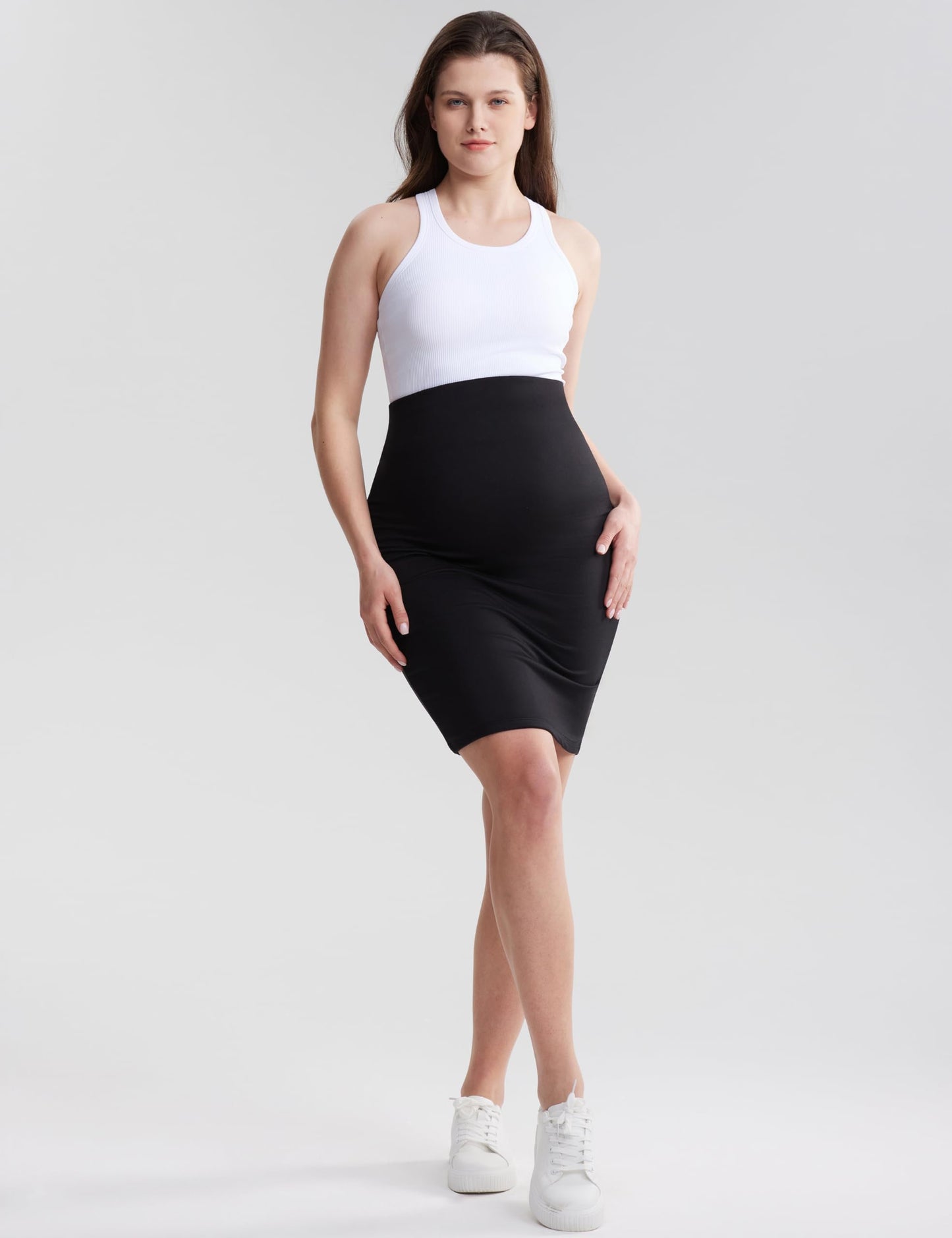 POSHDIVAH Women's Maternity Skirt Over The Belly Midi High Waisted Solid Stretchy Pregnancy Pencil Skirt