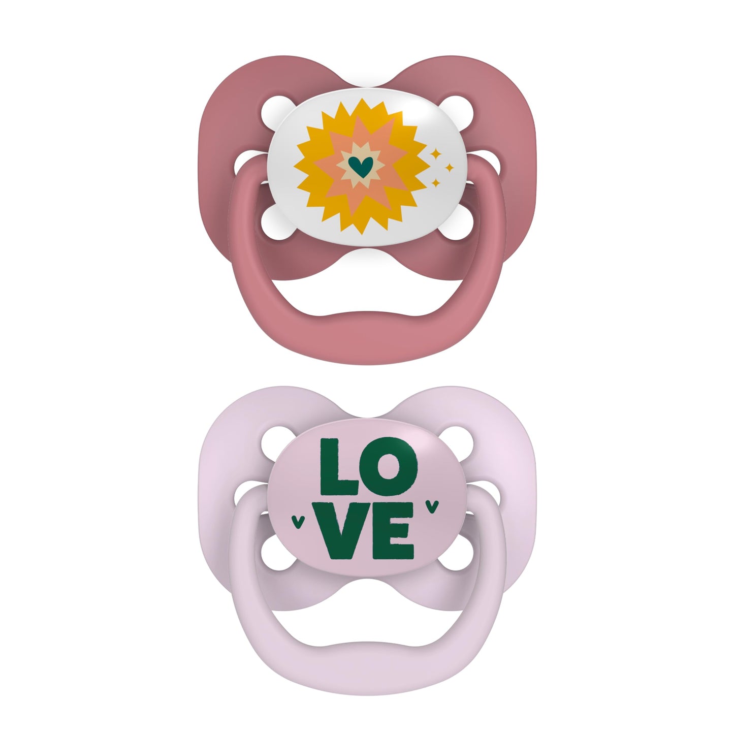 Dr. Brown's Advantage Glow-in-the-Dark Baby Pacifier, Fully Symmetrical Soother with Soft Silicone Bulb, Lavender Love-Coral Ocean, 0-6m, BPA Free, 4 Pack