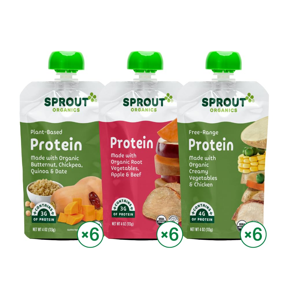 Sprout Organics Baby Food, Root Veg & Beef, Creamy Veg & Chicken, Plant-Based Chickpea Protein Pack, 8+ Months, 4 Oz Purees (Pack of 18)