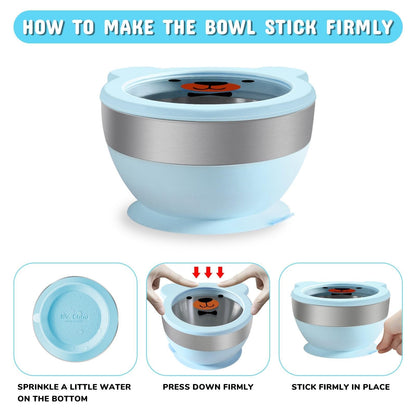 Suction Bowl and Spoon Set for Babies and Toddlers Non-Slip Silicone Suction Cups, Advanced 304 Stainless Steel Bowls, Double-Layer Insulation, and BPA-Free Lids Food-Grade Safety BLUE