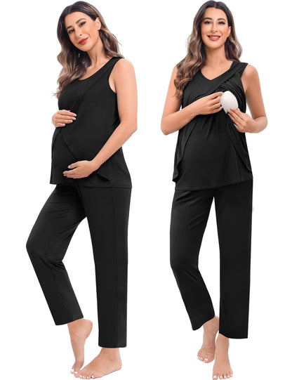 SWOMOG Maternity Nursing Robe Set 3 PCS Postpartum Breastfeeding Pajamas Hospital Pregnancy Pjs Double Layer Lounge Set