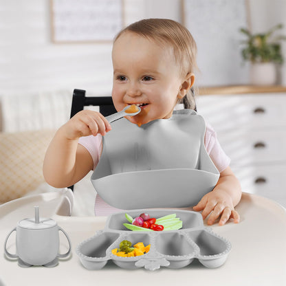 Silicone Baby Feeding Set 10 Pcs Baby Led Weaning Supplies Suction Bowl Divided Plate Baby Bibs Fruit Feeder Baby Spoons Forks Sippy Cup Toddler Utensil Sets Baby Essentials for Newborn Gift