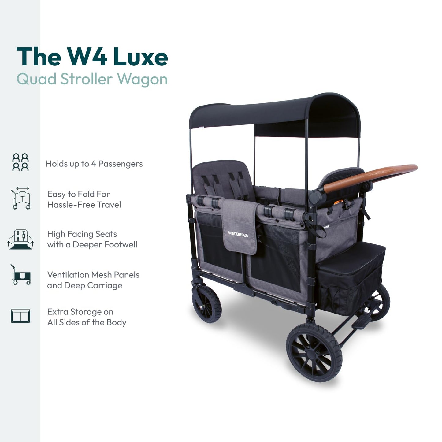WONDERFOLD W4 Luxe Quad Stroller Wagon Featuring 4 High Face-to-Face Seats with Magnetic Buckle 5-Point Harnesses and Adjustable/Removable UV-Protection Canopy, Hunter Green