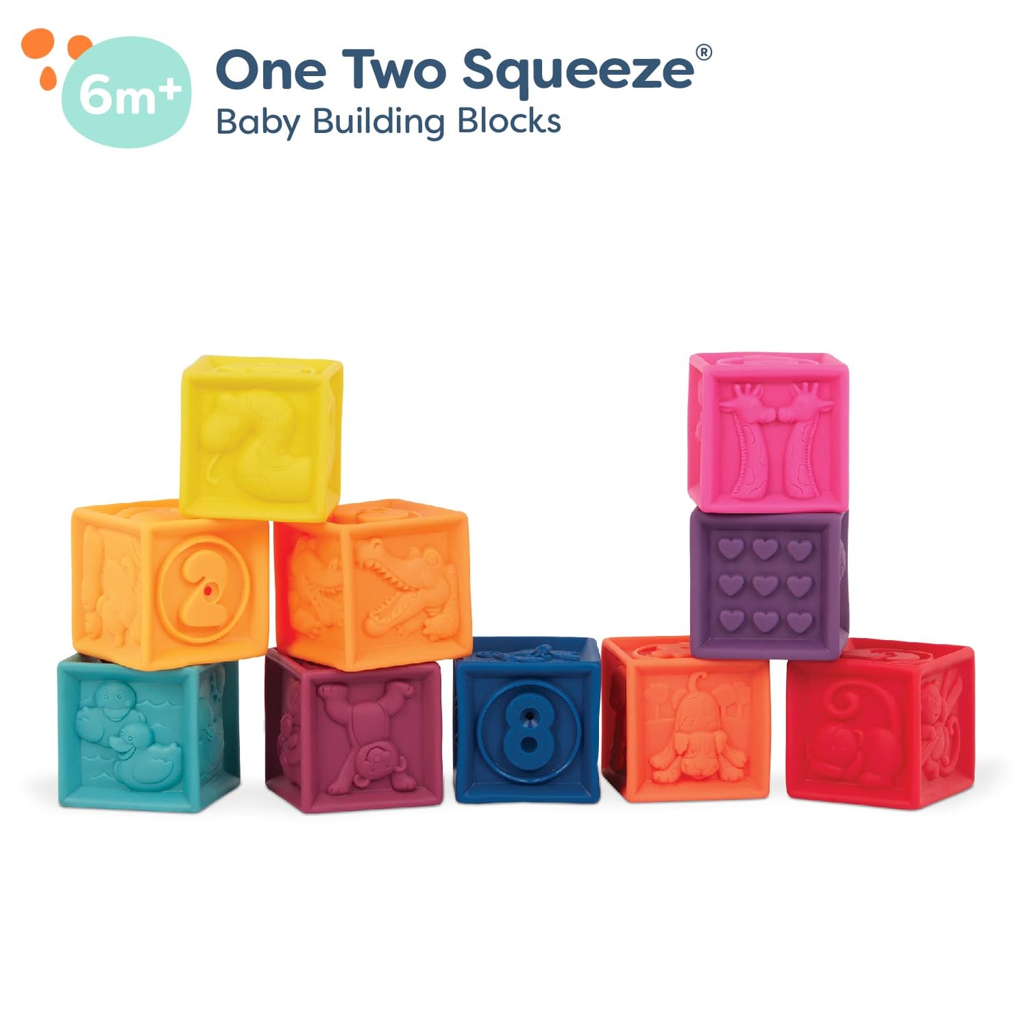 B. toys – Baby Blocks – Stacking & Building Toys For Babies – 10 Soft & Educational Blocks- Numbers, Shapes, Colors, Animals- One Two Squeeze- 6 Months +