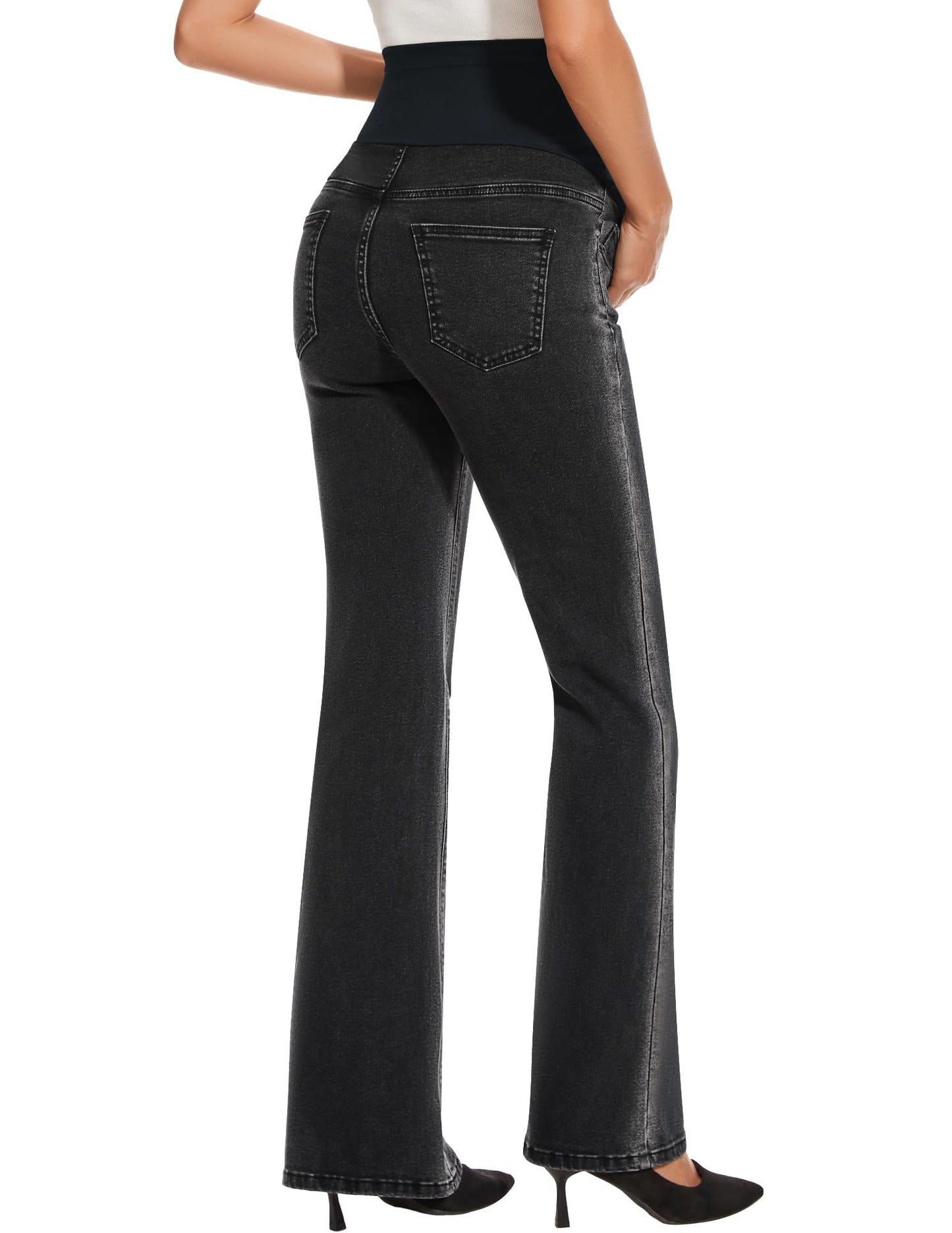 GLAMIX Women's Stretch Maternity Bootcut Jeans with Pockets Over The Belly Bell Bottoms Flare Denim Pants Pregnancy Clothes