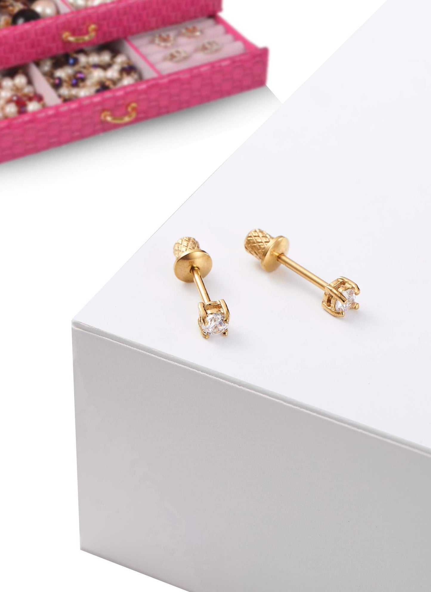Earrings for Girls, 18k Yellow Gold Plated CZ Hypoallergenic Stud Earrings - Screw On Safety Backs, Stainless Steel Posts for Kids, Toddlers, Teens