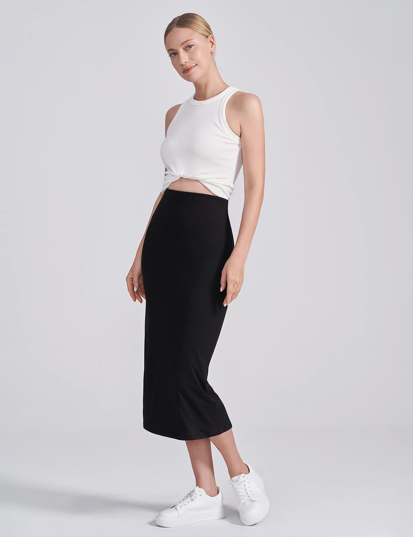 POSHDIVAH Women's Maternity Skirt Over The Belly Midi High Waisted Solid Stretchy Pregnancy Pencil Skirt