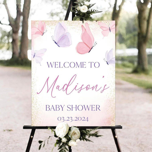 Printable Sign, Butterfly Baby Shower Welcome Sign, 12 x 18 inches to 24 x 36 inches, Corrugated Plastic, Romantic Style