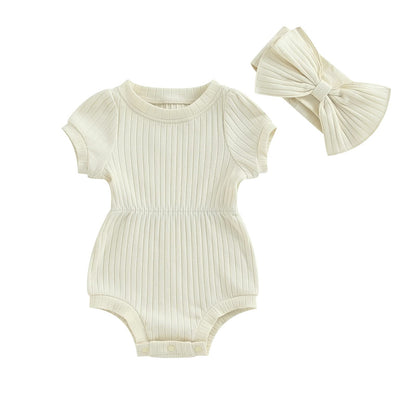 Baby Girl Summer Clothes Ribbed Short Sleeve Romper Solid Color Bodysuits Bow Headband Outfit Newborn Girl Jumpsuit