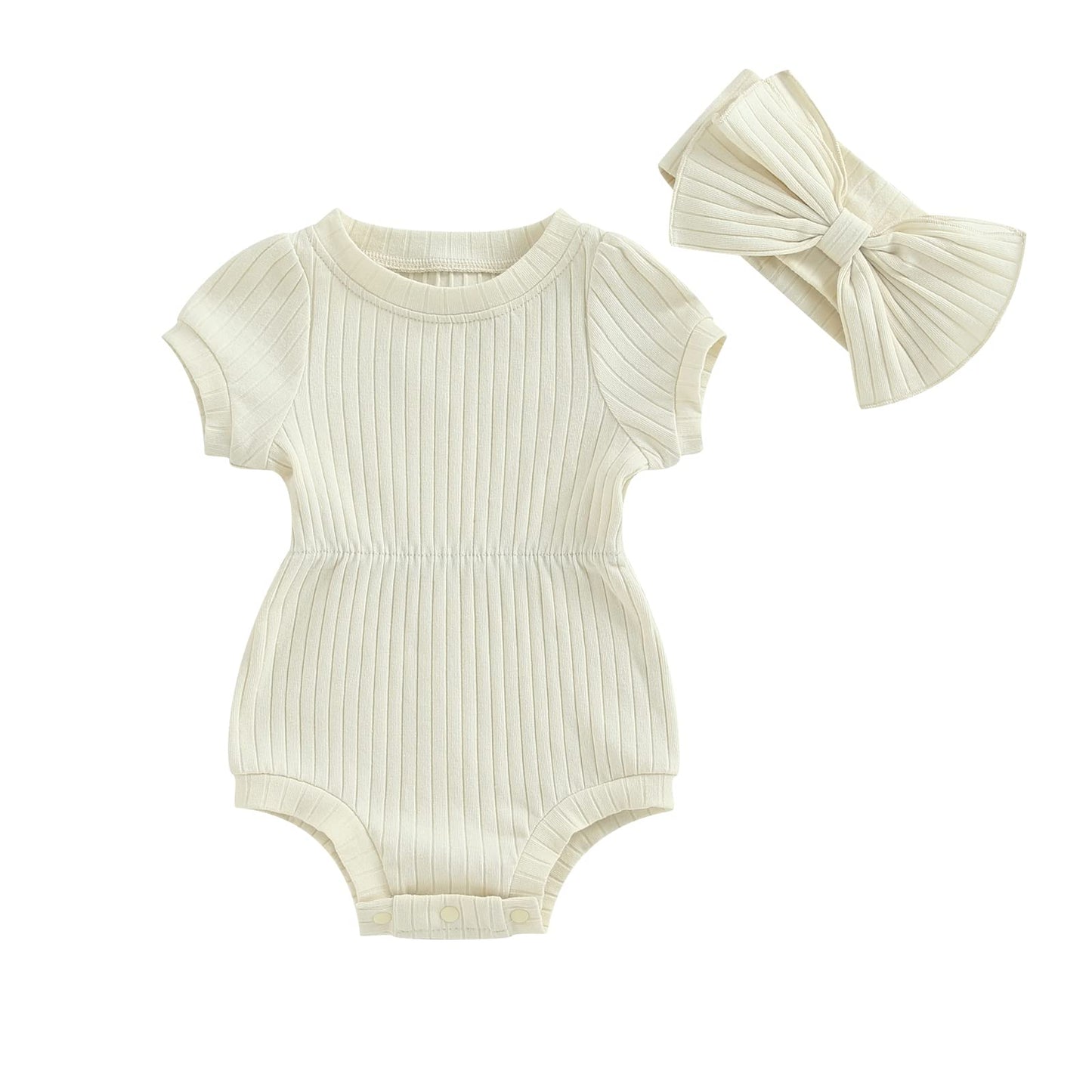 Baby Girl Summer Clothes Ribbed Short Sleeve Romper Solid Color Bodysuits Bow Headband Outfit Newborn Girl Jumpsuit