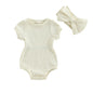 Baby Girl Summer Clothes Ribbed Short Sleeve Romper Solid Color Bodysuits Bow Headband Outfit Newborn Girl Jumpsuit