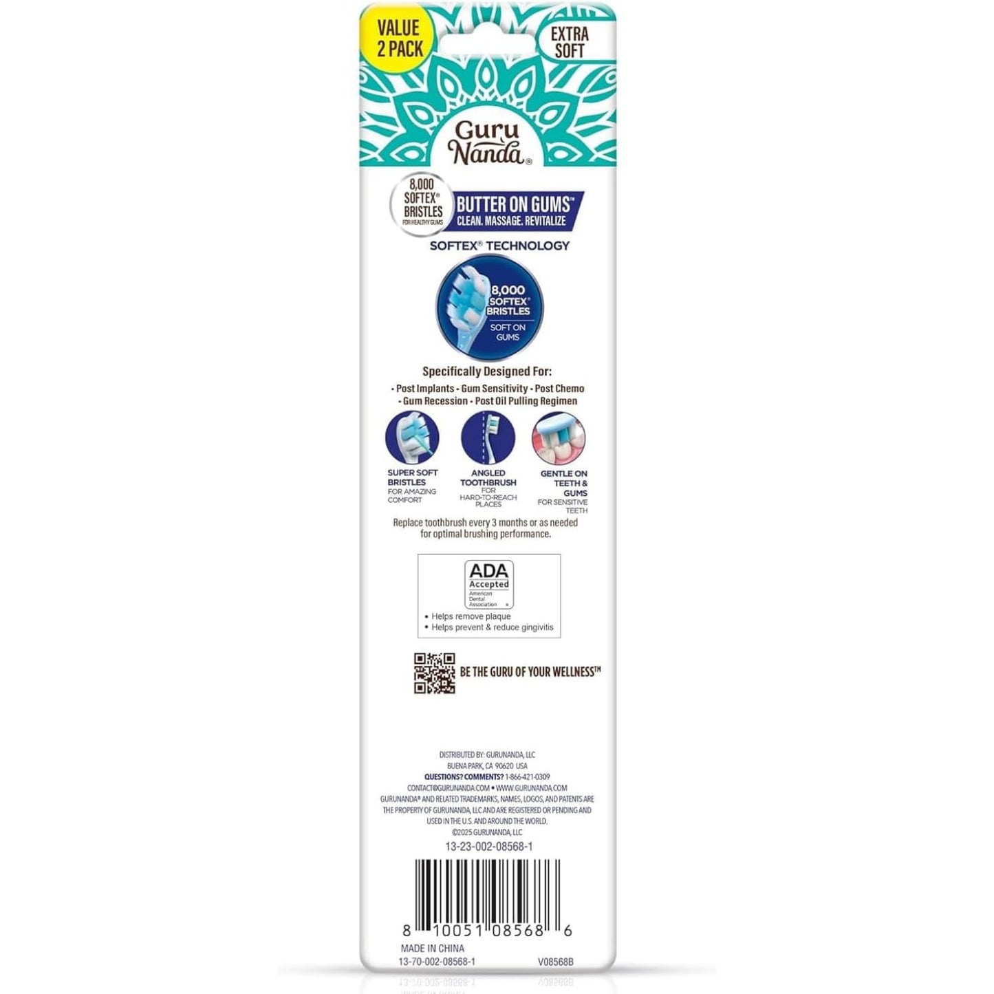 GuruNanda Butter On Gums Toothbrush, ADA Accepted, with 8000+ Ultra Soft Softex Bristles for Sensitive & Receding Gums, Perfect for Whiter Teeth, 8 Ct