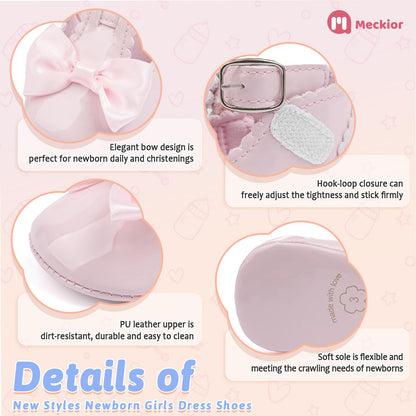 Meckior Newborn Baby Girls Dress Shoes Infant Bowknot Soft Sole Mary Jane Moccasins Baptism Christening Crib Shoes Wedding Princess Flats