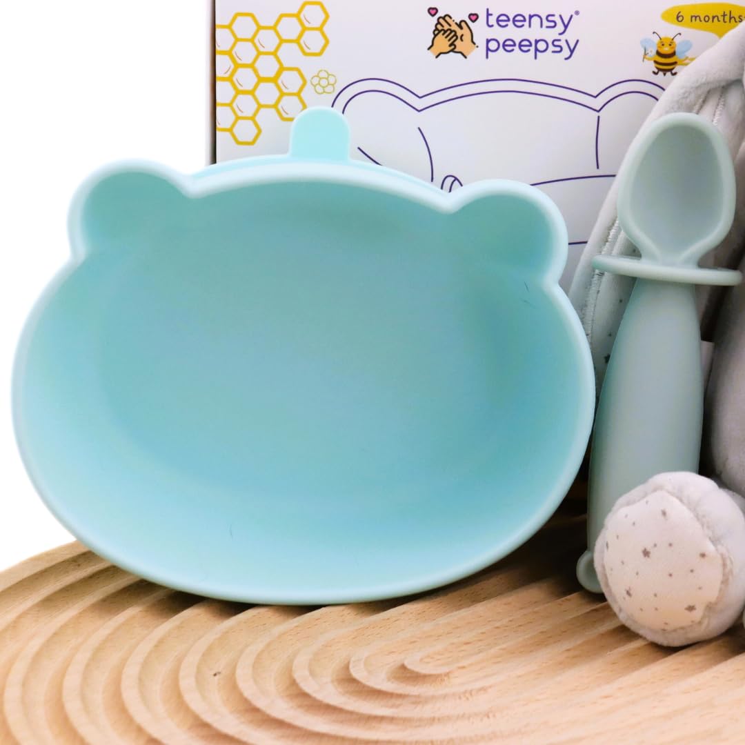 Bear Silicone Baby Bowl Suction Baby Spoon and Fork for Babies 6 months+ Suction Bowls for Baby Utensils 6-12M+ BLW Essentials (Peach Lilac)
