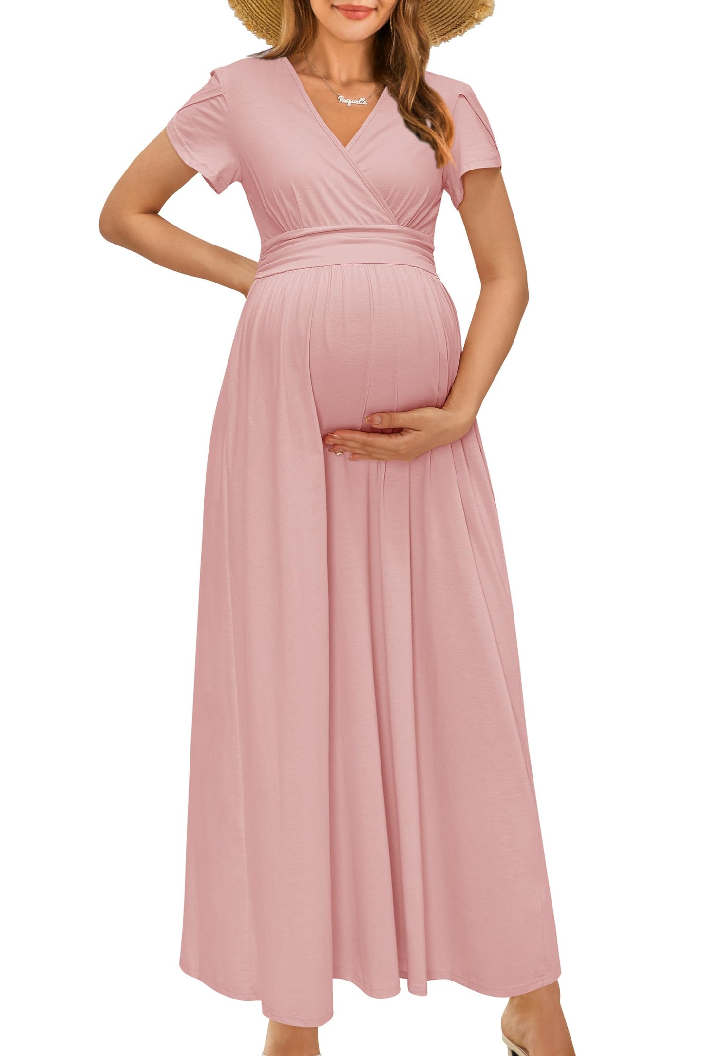 OUGES Maternity Maxi Dress Wrap V Neck Baby Shower Pregnancy Dresses for Photoshoot