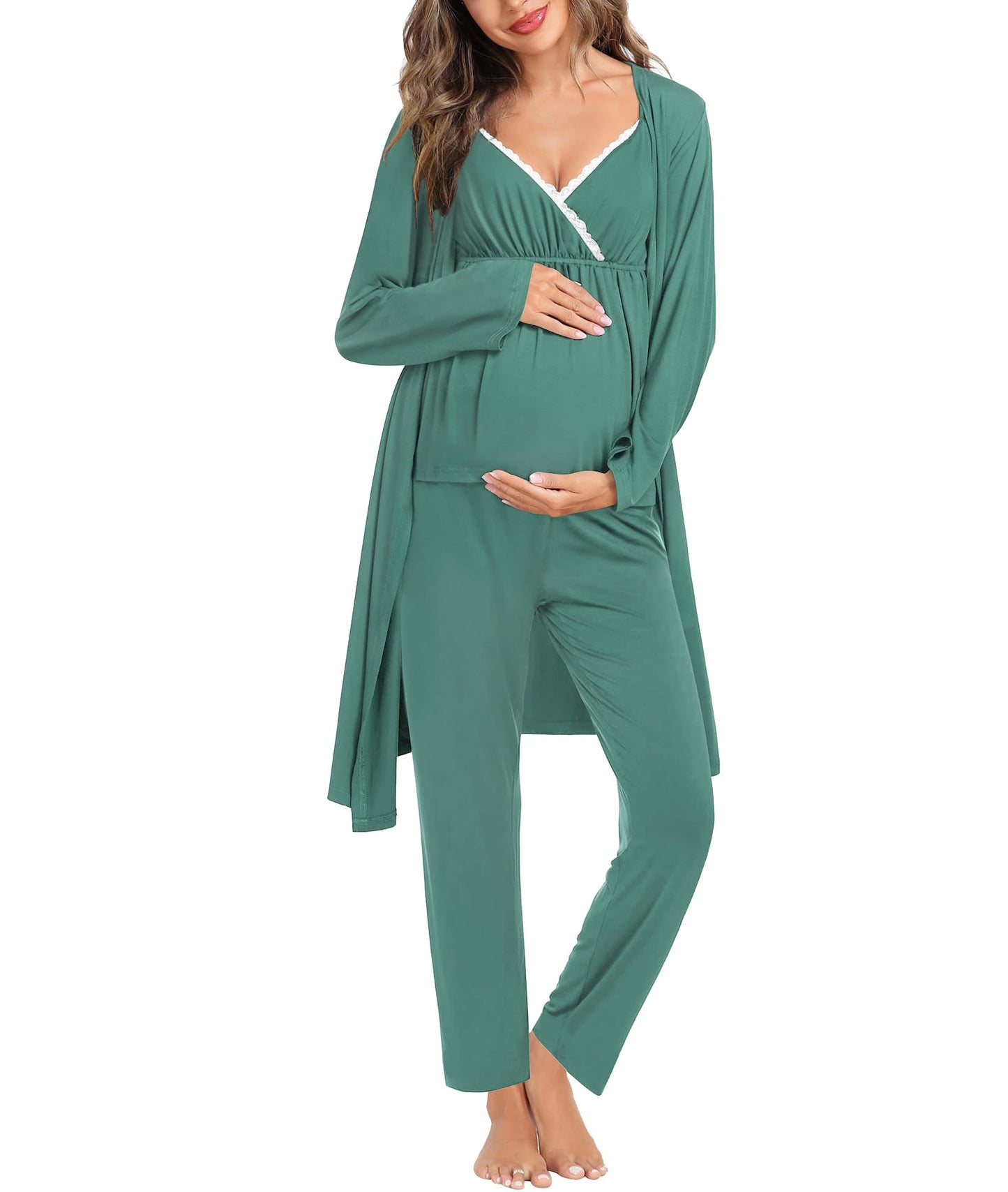 SWOMOG Maternity Nursing Robe Set 3 Piece Breastfeeding Pajamas 3 in 1 Labor Delivery Sleevless Tops&Long Pants Pregnancy Pjs
