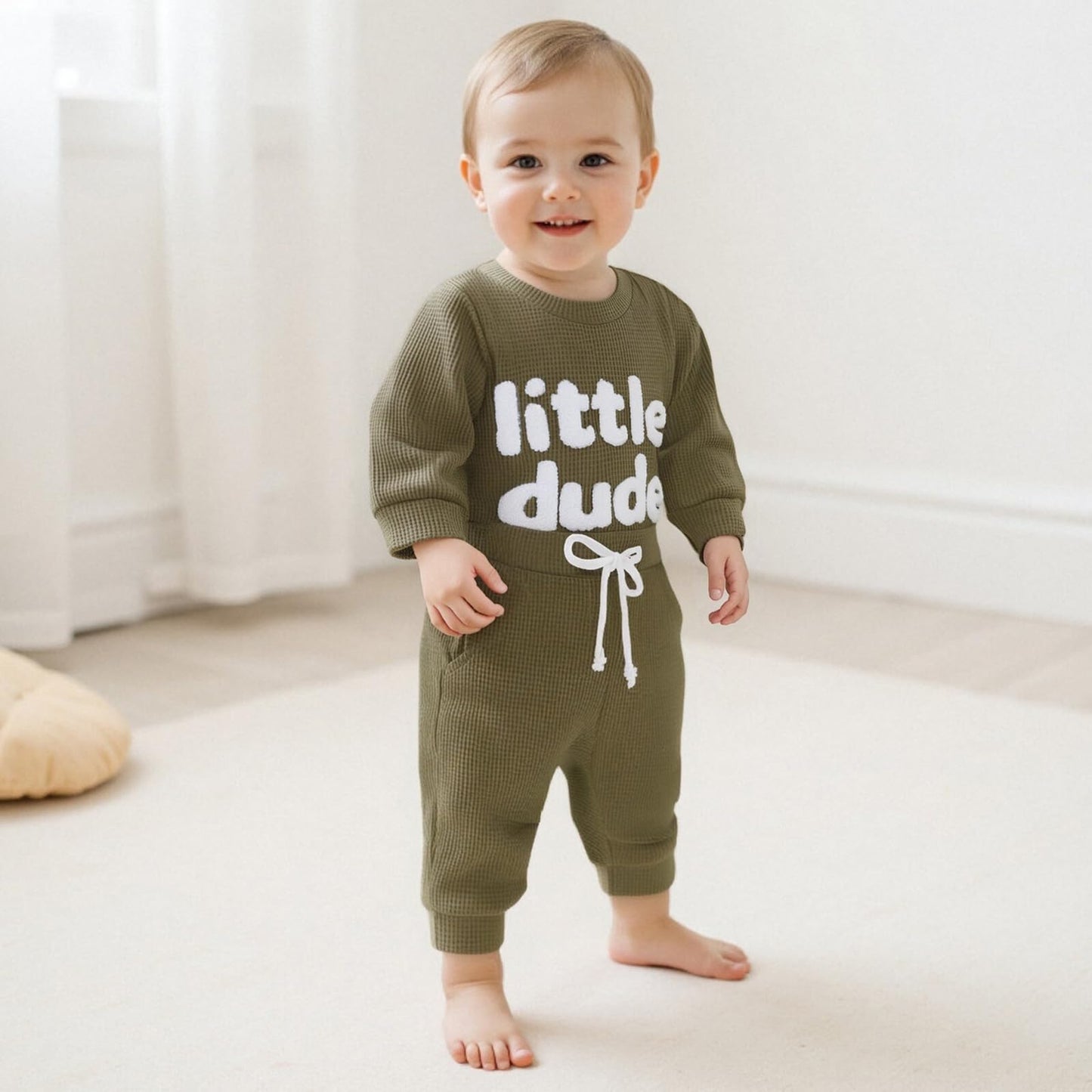 Douhoow Baby Boy Clothes Letters Embroidered Baby Sweatshirt Romper Waffle Pants Set Infant Boy Fall Winter Outfits