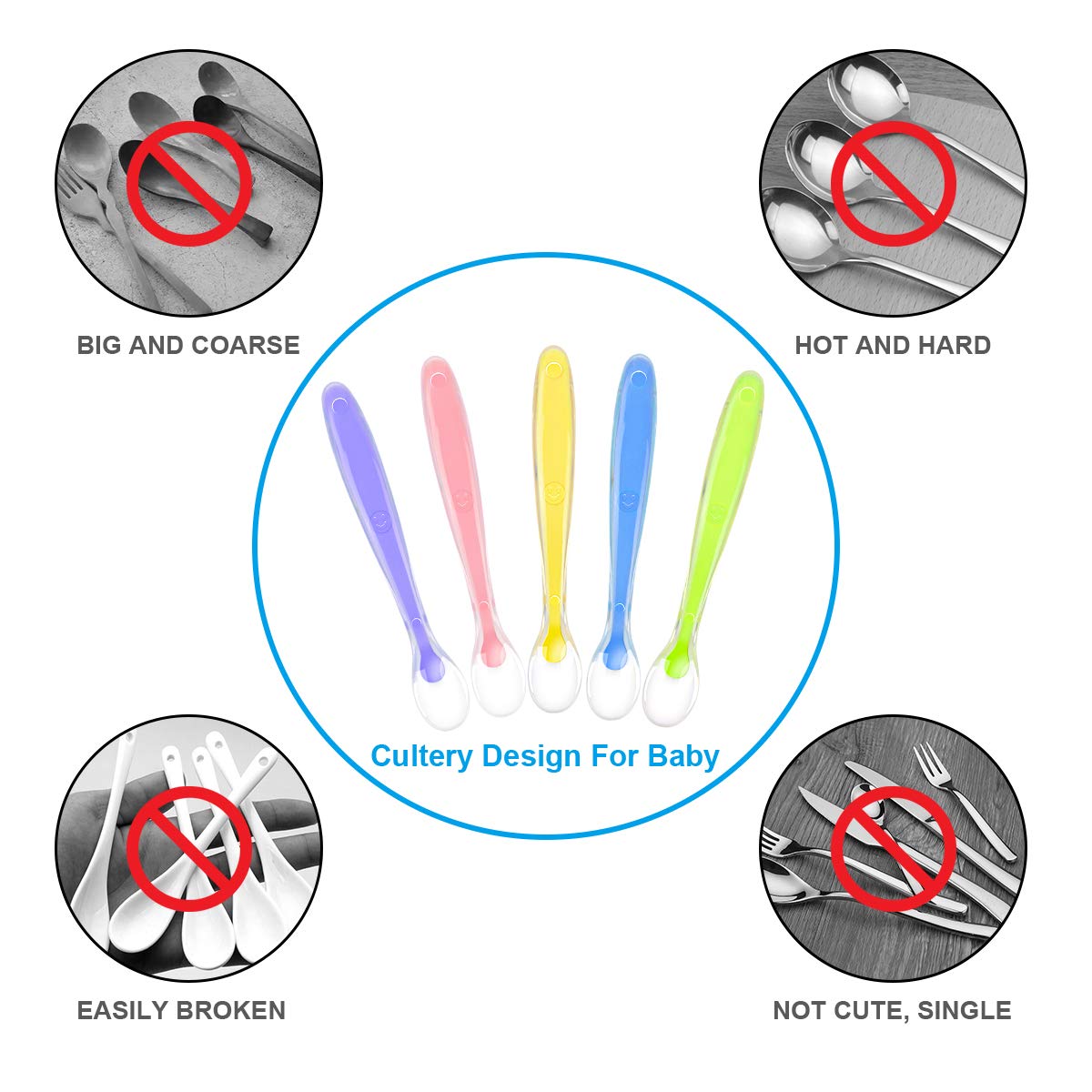 Vicloon Baby Silicone Spoons, 5 PCS Toddler Training Feeding Spoons, Soft Tip BPA Free Gum-Friendly, Dishwasher & Boil-Proof