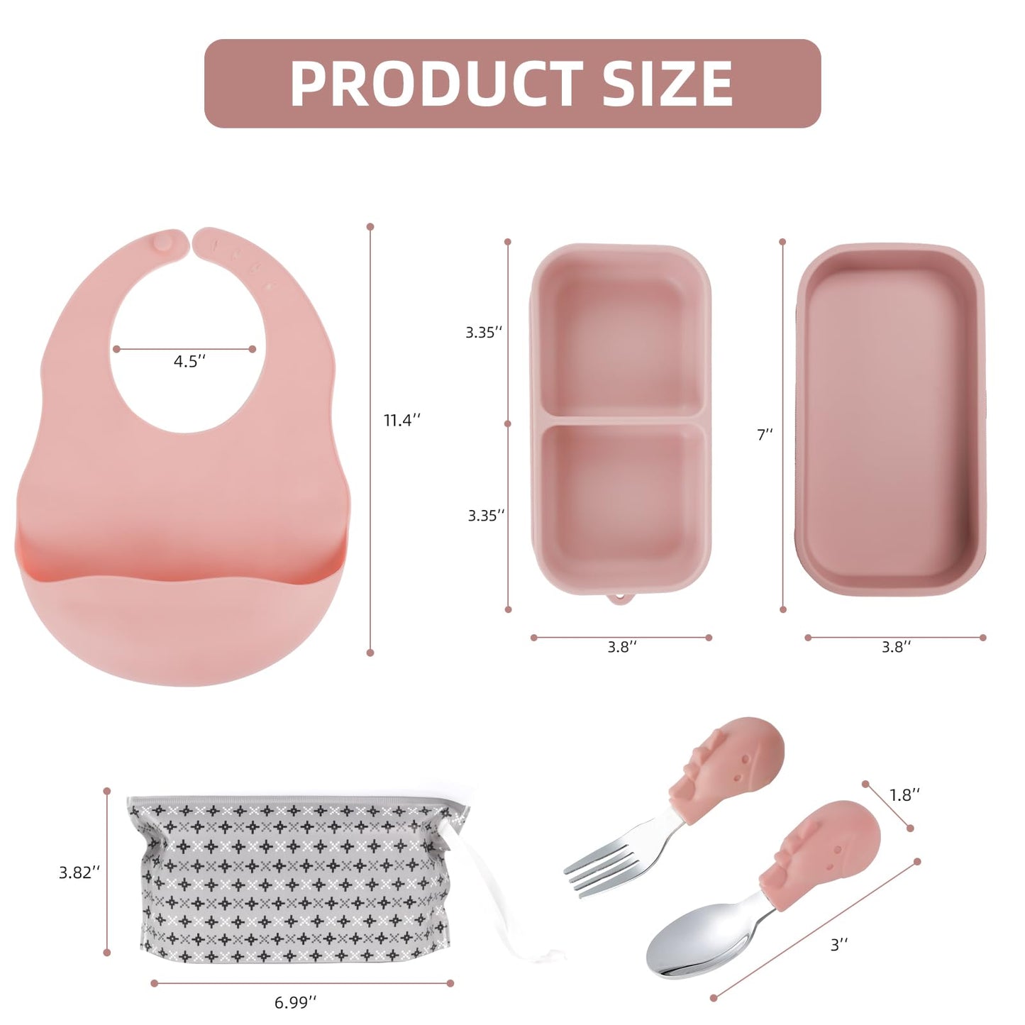Travel Silicone Baby Feeding Set with 316 Stainless Steel Spoon & Fork ,Silicone Suction Plates, Foldable Bib, Storage Bag - Portable Infant Toddler Utensils, 6-Piece BPA-Free Dishware Kit（gray）