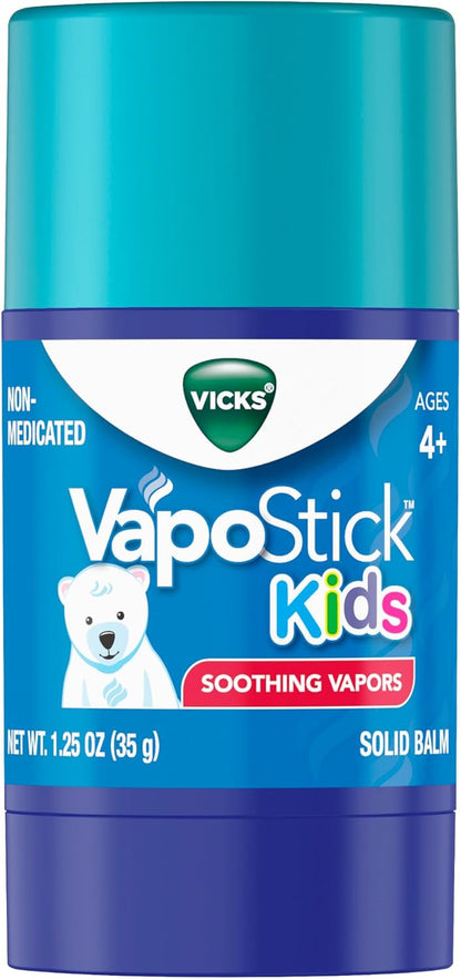 Vicks VapoStick Kids, Solid Balm, No Mess, for Kids Ages 4+ Soothing Non-Medicated Vicks Vapors, Easy-to-Use No-Touch Applicator, Lightweight Feel, 1.25oz x 2