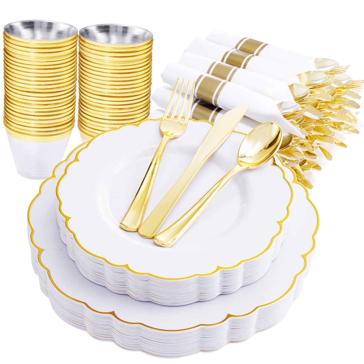 Morejoy 175PCS Rose Gold & Silver Plastic Dinnerware Set: 25 Plates, 25 Forks, 25 Knives, 25 Spoons, 25 Cups, 25 Napkins - Perfect for Wedding & Party