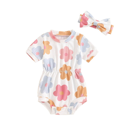 Baby Girl Summer Clothes Ribbed Short Sleeve Romper Solid Color Bodysuits Bow Headband Outfit Newborn Girl Jumpsuit