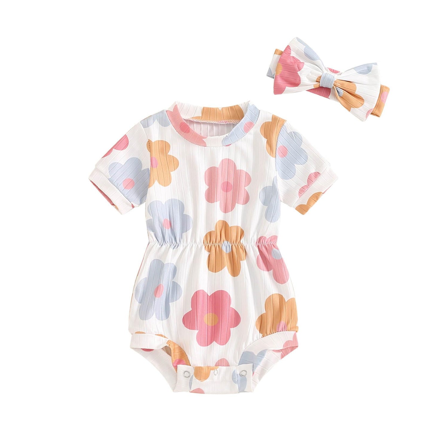 Baby Girl Summer Clothes Ribbed Short Sleeve Romper Solid Color Bodysuits Bow Headband Outfit Newborn Girl Jumpsuit